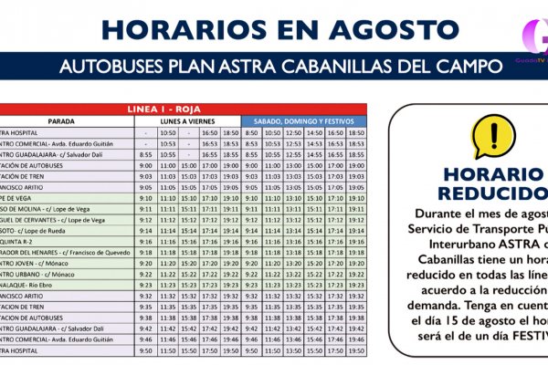 ¡ATENCIÓN! Modificaciones en los horarios de autobuses de Cabanillas a Guadalajara